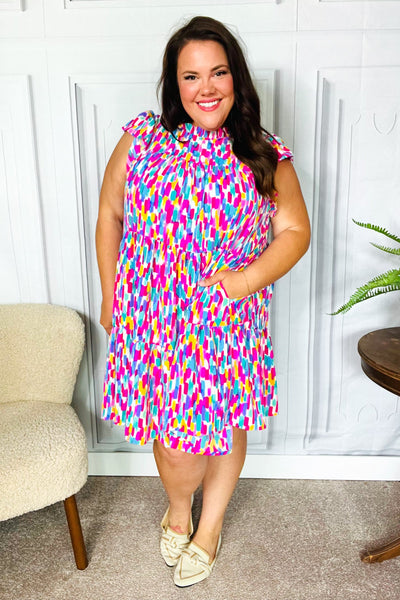 Feeling Femme' Fuchsia & Mint Abstract Print Frill Mock Neck Dress - Online Only!