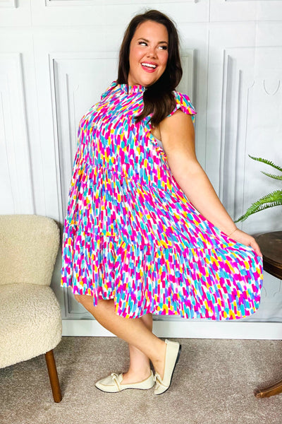 Feeling Femme' Fuchsia & Mint Abstract Print Frill Mock Neck Dress - Online Only!