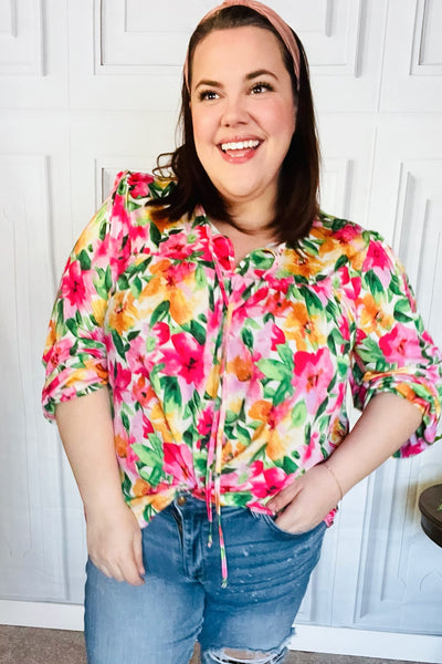 Pretty In Pink Watercolor Floral Yoke Tie Top - Online Only!