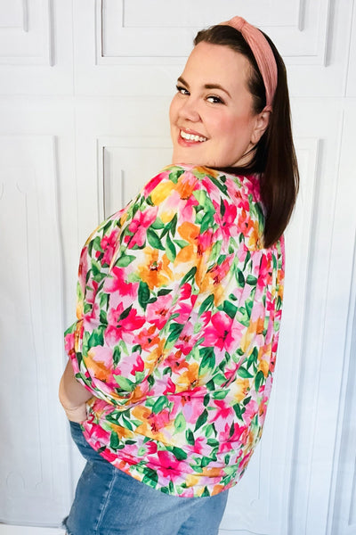 Pretty In Pink Watercolor Floral Yoke Tie Top - Online Only!