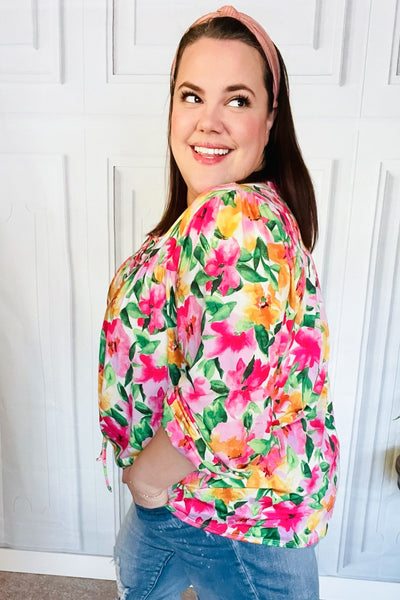 Pretty In Pink Watercolor Floral Yoke Tie Top - Online Only!