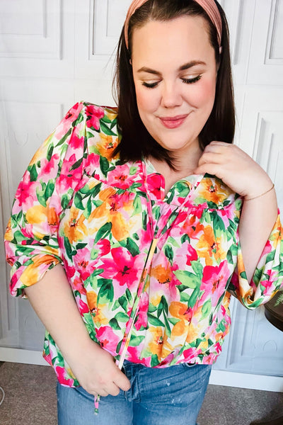 Pretty In Pink Watercolor Floral Yoke Tie Top - Online Only!