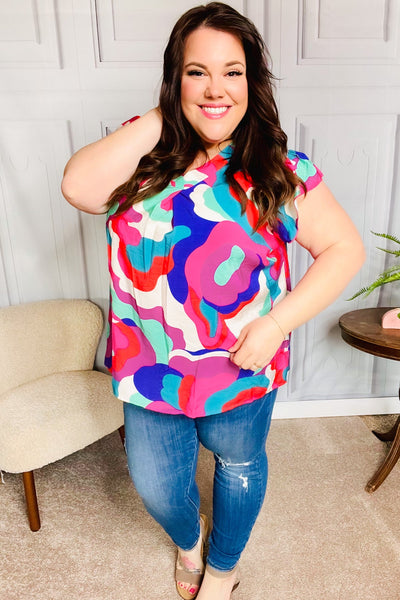 Find Yourself Fuchsia Geo Abstract V Neck Flutter Sleeve Top - Online Only!