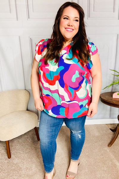 Find Yourself Fuchsia Geo Abstract V Neck Flutter Sleeve Top - Online Only!