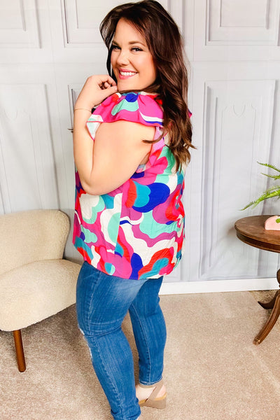 Find Yourself Fuchsia Geo Abstract V Neck Flutter Sleeve Top - Online Only!