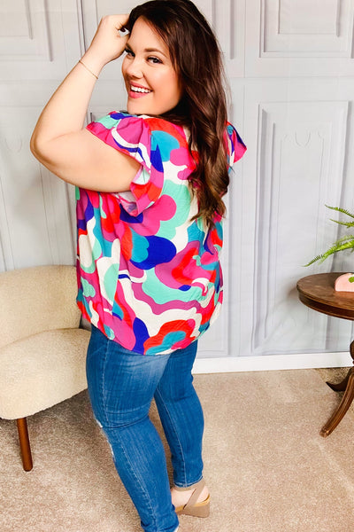 Find Yourself Fuchsia Geo Abstract V Neck Flutter Sleeve Top - Online Only!