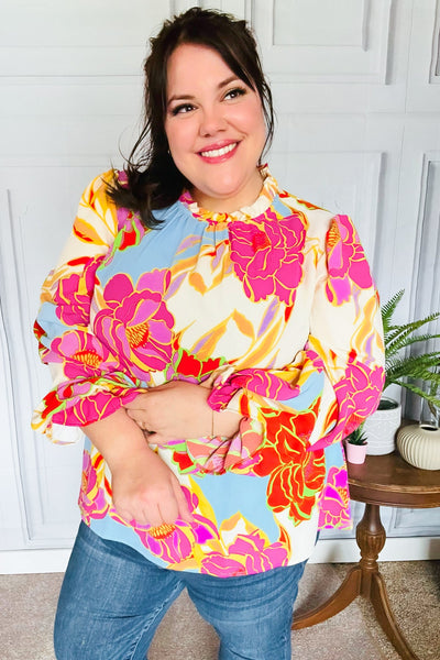 Let's Meet Later Fuchsia & Blue Floral Frill Neck Top - Online Only!