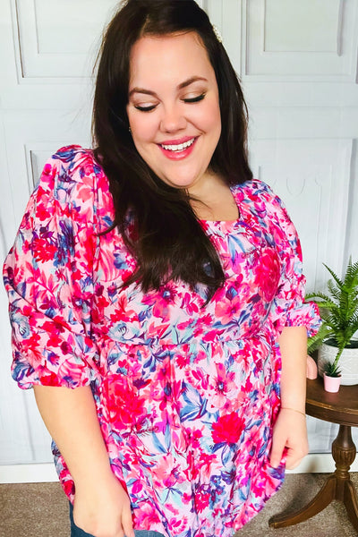 Feeling Femmi Pink & Fuchsia Floral Peplum Woven Top - Online Only!