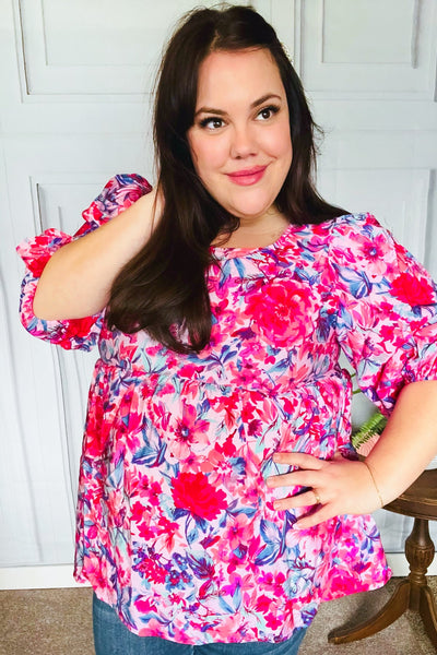 Feeling Femmi Pink & Fuchsia Floral Peplum Woven Top - Online Only!