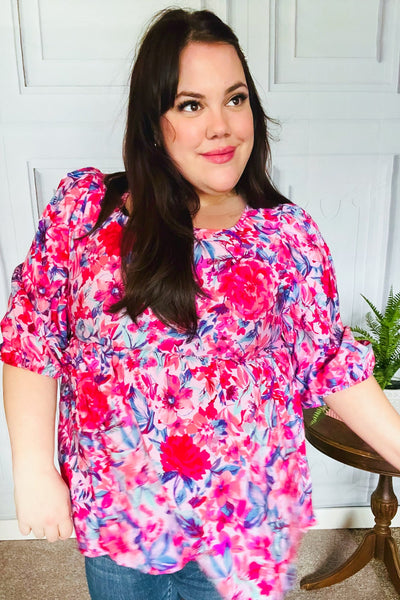 Feeling Femmi Pink & Fuchsia Floral Peplum Woven Top - Online Only!