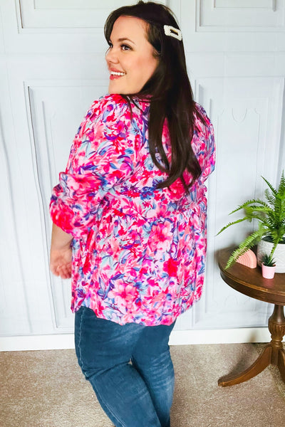 Feeling Femmi Pink & Fuchsia Floral Peplum Woven Top - Online Only!