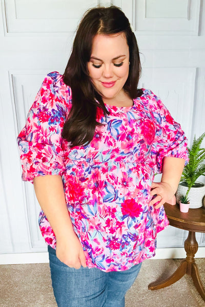 Feeling Femmi Pink & Fuchsia Floral Peplum Woven Top - Online Only!