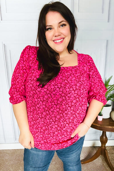 Perfectly You Fuchsia Floral Three Quarter Sleeve Square Neck Top - Online Only!