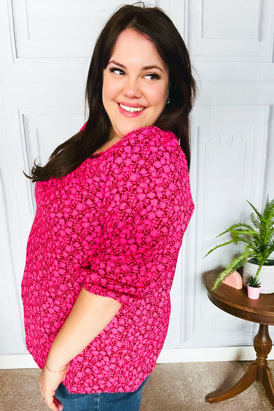 Perfectly You Fuchsia Floral Three Quarter Sleeve Square Neck Top - Online Only!