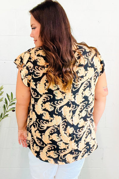 Black Paisley Print V Neck Flutter Sleeve Top - Online Only!