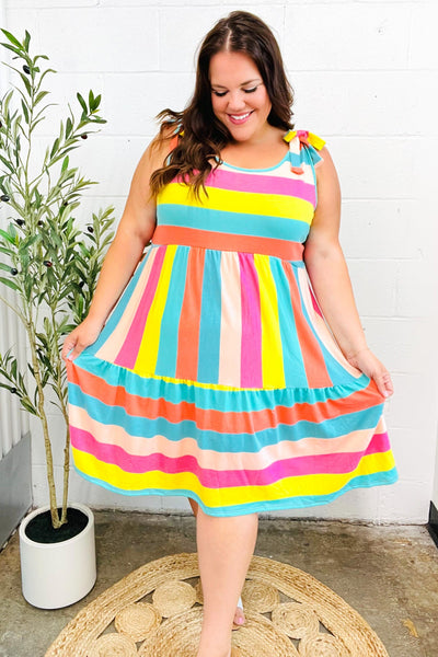 Multi Striped Shoulder Tie Tiered Dress - Online Only!