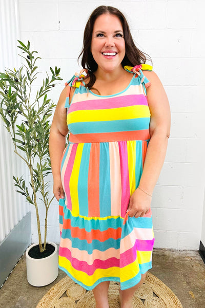 Multi Striped Shoulder Tie Tiered Dress - Online Only!