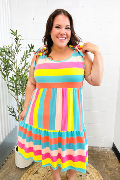 Multi Striped Shoulder Tie Tiered Dress - Online Only!