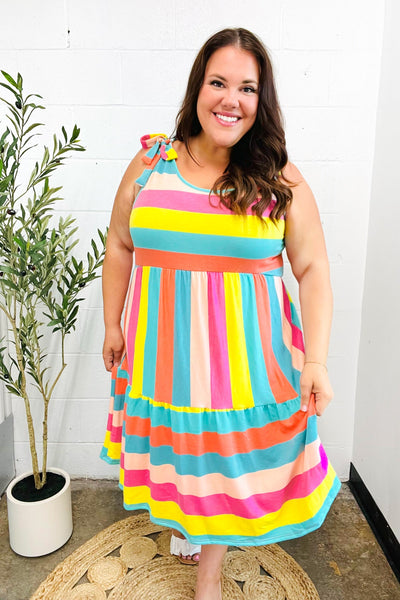 Multi Striped Shoulder Tie Tiered Dress - Online Only!