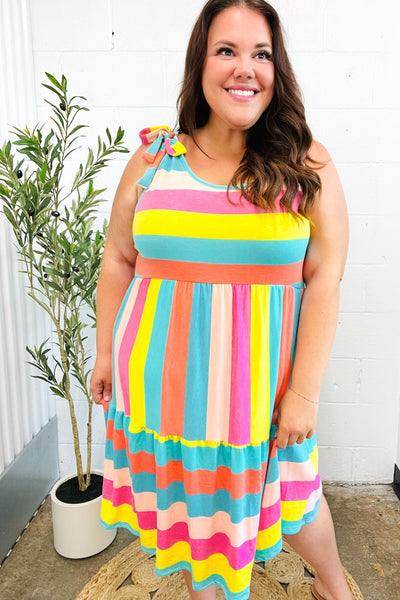 Multi Striped Shoulder Tie Tiered Dress - Online Only!