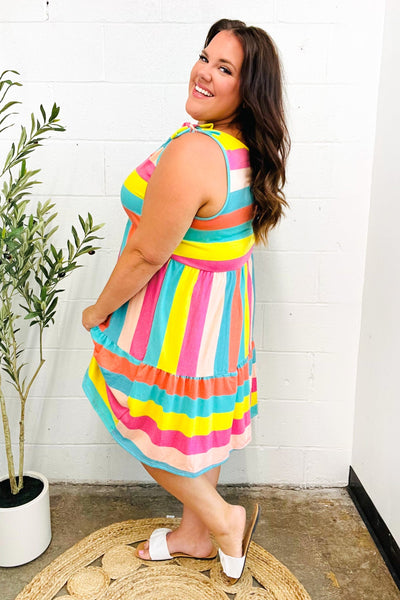 Multi Striped Shoulder Tie Tiered Dress - Online Only!