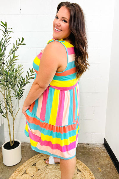 Multi Striped Shoulder Tie Tiered Dress - Online Only!