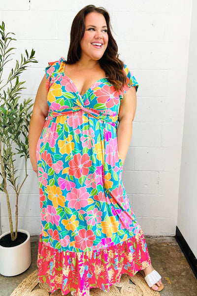 Vacay Vibes Blue Floral Print Sweetheart Twisted Neckline Maxi Dress - Online Only!