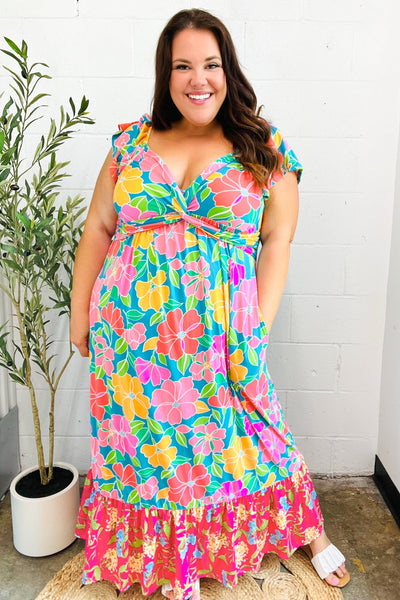 Vacay Vibes Blue Floral Print Sweetheart Twisted Neckline Maxi Dress - Online Only!