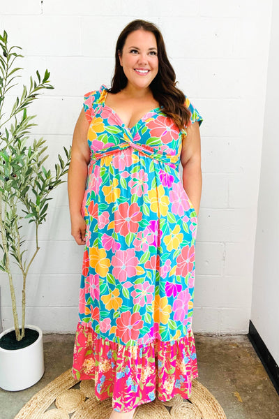 Vacay Vibes Blue Floral Print Sweetheart Twisted Neckline Maxi Dress - Online Only!