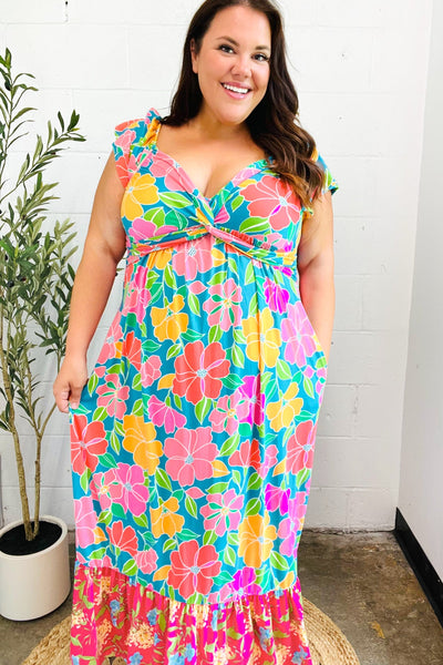 Vacay Vibes Blue Floral Print Sweetheart Twisted Neckline Maxi Dress - Online Only!