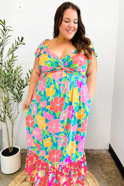 Vacay Vibes Blue Floral Print Sweetheart Twisted Neckline Maxi Dress - Online Only!