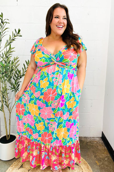 Vacay Vibes Blue Floral Print Sweetheart Twisted Neckline Maxi Dress - Online Only!