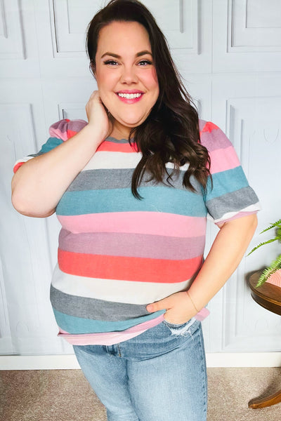 Look Out Teal & Rose Striped Hacci Knit Puff Sleeve Top - Online Only!