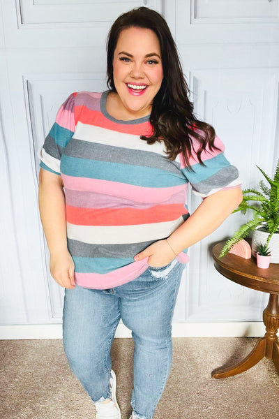 Look Out Teal & Rose Striped Hacci Knit Puff Sleeve Top - Online Only!