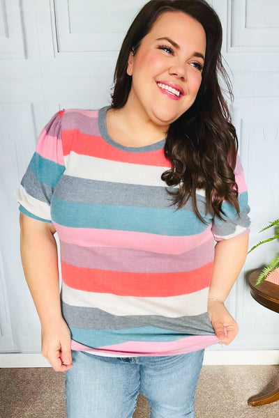 Look Out Teal & Rose Striped Hacci Knit Puff Sleeve Top - Online Only!