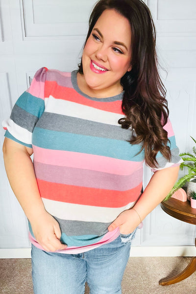 Look Out Teal & Rose Striped Hacci Knit Puff Sleeve Top - Online Only!