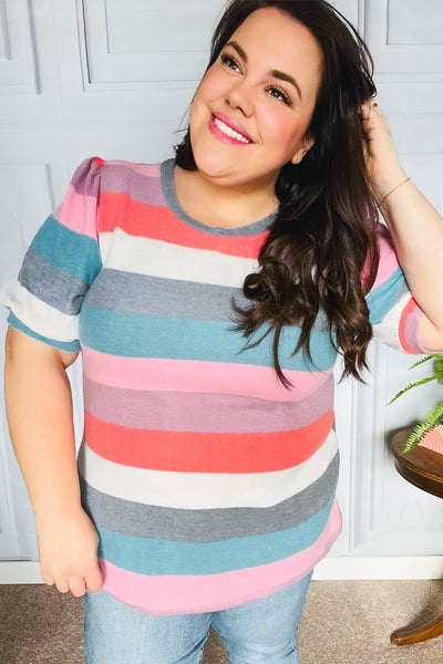 Look Out Teal & Rose Striped Hacci Knit Puff Sleeve Top - Online Only!