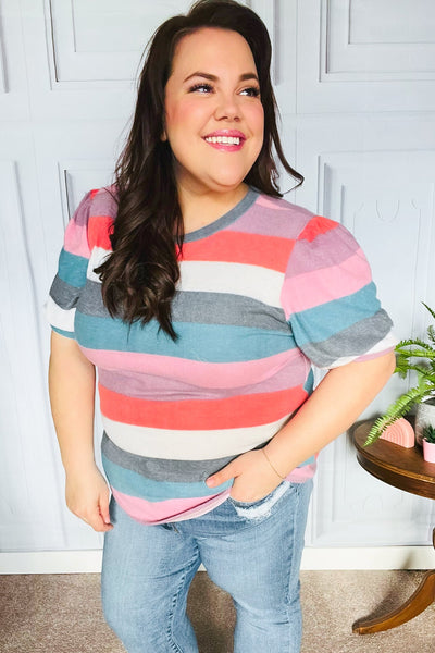 Look Out Teal & Rose Striped Hacci Knit Puff Sleeve Top - Online Only!