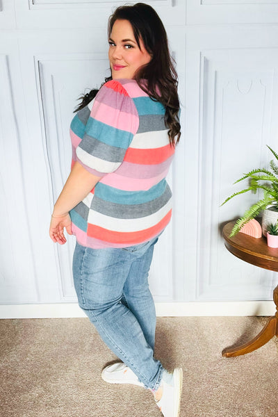 Look Out Teal & Rose Striped Hacci Knit Puff Sleeve Top - Online Only!