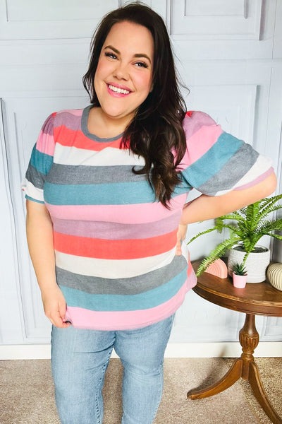 Look Out Teal & Rose Striped Hacci Knit Puff Sleeve Top - Online Only!