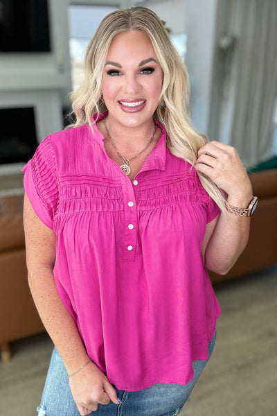 Hot Pink Pleat Detail Button Up Blouse - Online Only!