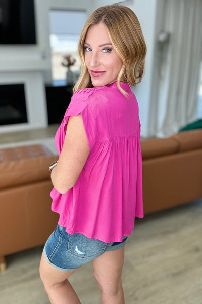Hot Pink Pleat Detail Button Up Blouse - Online Only!
