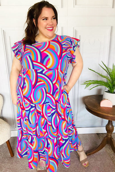 Feel Your Best Purple Abstract Print Smocked Ruffle Sleeve Maxi Dress - Online Only!