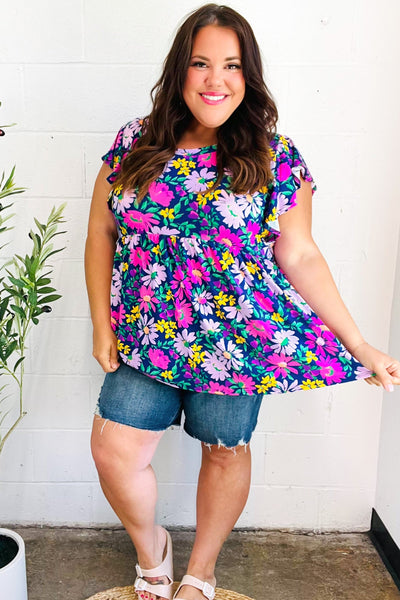 Perfectly You Navy & Lilac Floral Print Ruffle Sleeve Babydoll Top - Online Only!