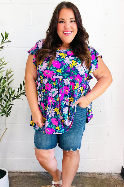 Perfectly You Navy & Lilac Floral Print Ruffle Sleeve Babydoll Top - Online Only!