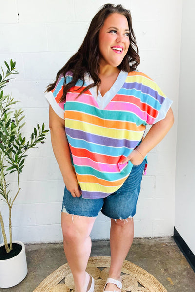 Sieze The Day Rainbow Striped V Neck Drop Shoulder Thermal Knit Top - Online Only!