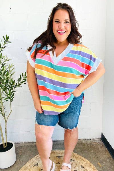 Sieze The Day Rainbow Striped V Neck Drop Shoulder Thermal Knit Top - Online Only!