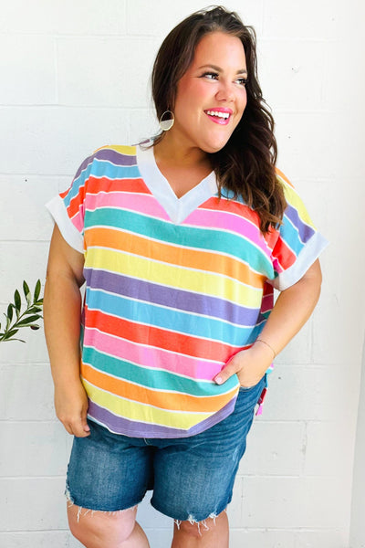 Sieze The Day Rainbow Striped V Neck Drop Shoulder Thermal Knit Top - Online Only!