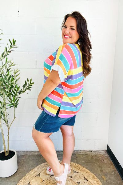 Sieze The Day Rainbow Striped V Neck Drop Shoulder Thermal Knit Top - Online Only!