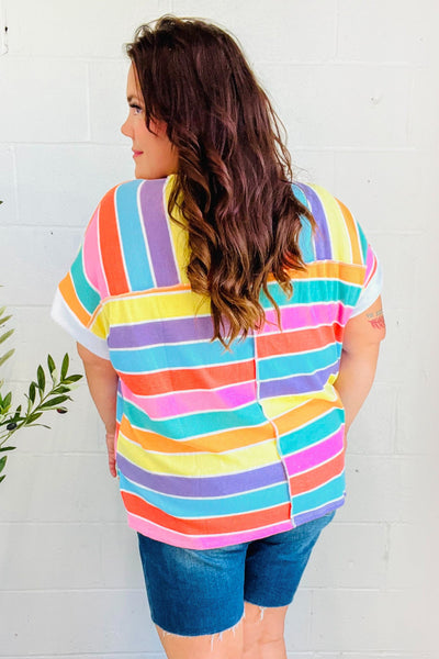 Sieze The Day Rainbow Striped V Neck Drop Shoulder Thermal Knit Top - Online Only!